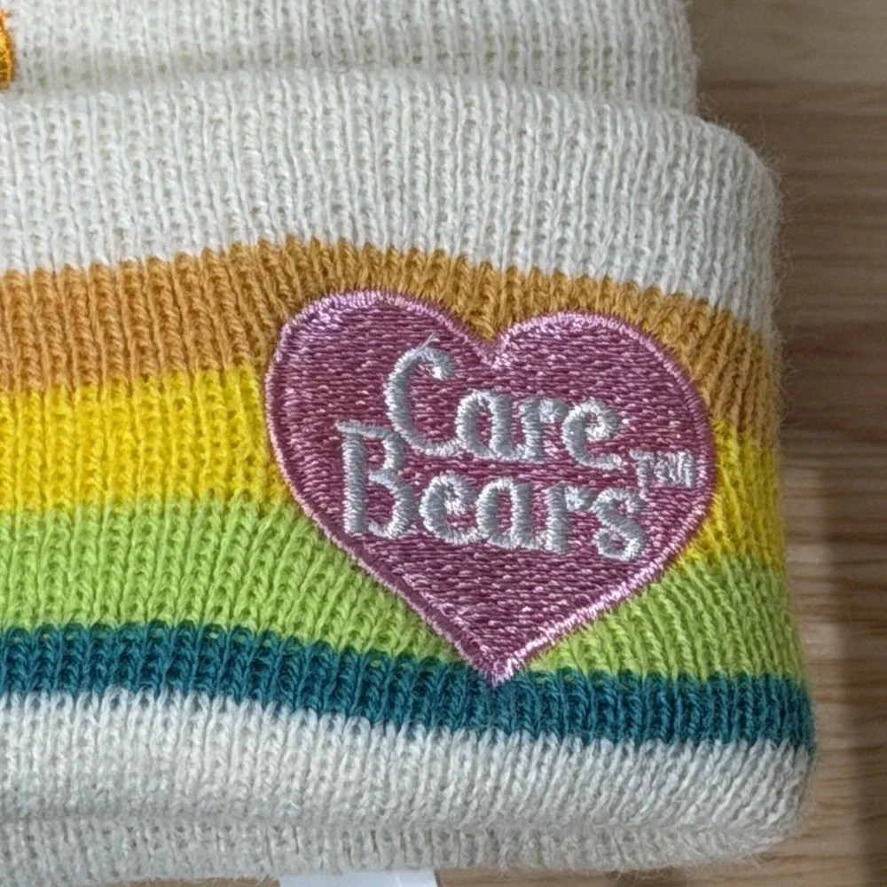 Care Bears Beanie Hat NWT White Rainbow Stripe Cheer Grumpy Funshine Bear Kawaii